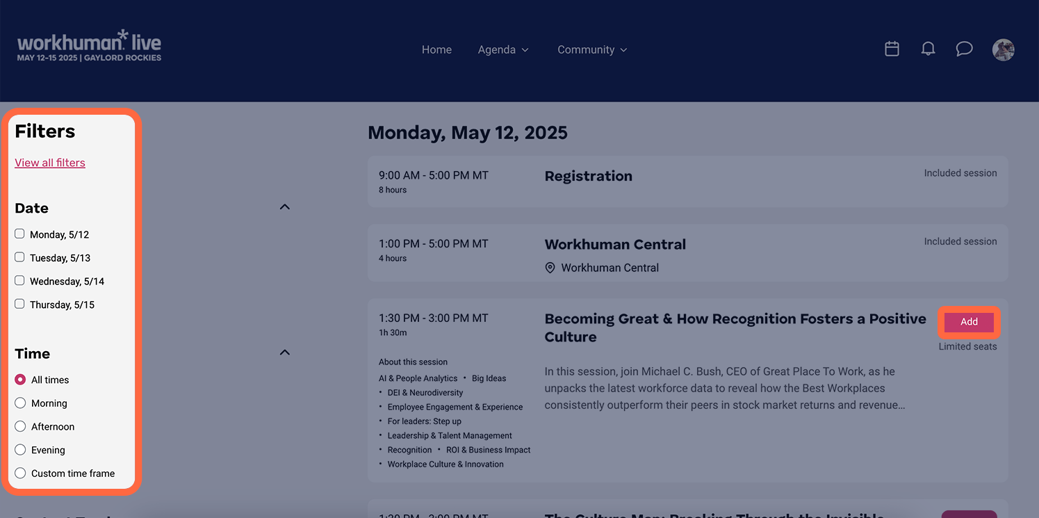 Use filters to register for Workhuman Live sessions. 